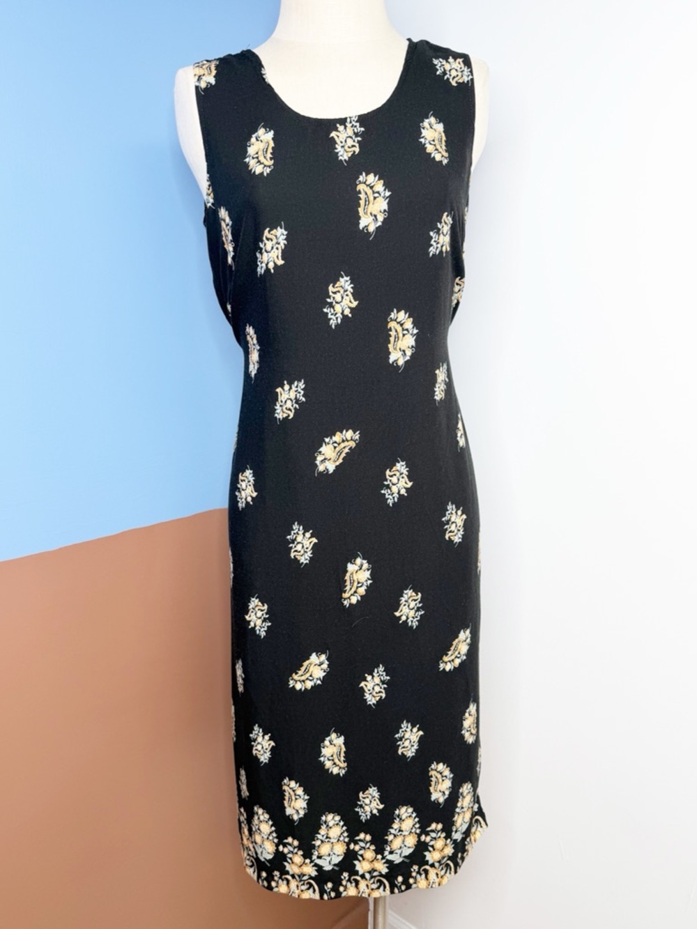 Vintage 90’s Sleeveless Midi Dress‎ Black Tie Waist Floral Print Size 10